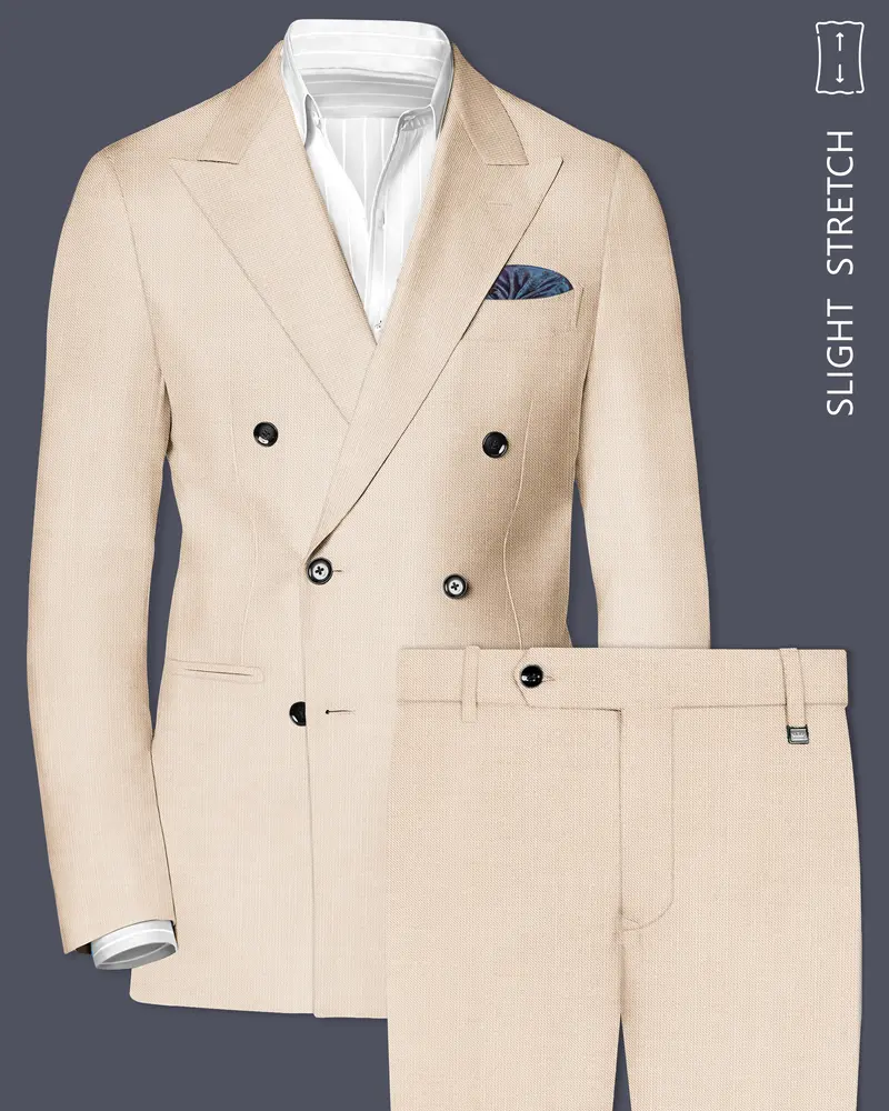 Biscotti-Parchment Cream Solid Wool Rich Double Breasted Slight Stretch Suit 1