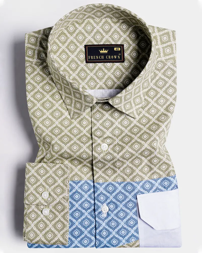 Bison Brown With Danube Blue And White Geometric Printed Premium Cotton Designer Shirt 1