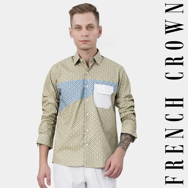Bison Brown With Danube Blue And White Geometric Printed Premium Cotton Designer Shirt 12