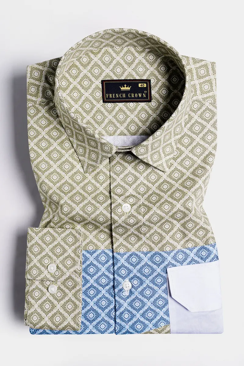 Bison Brown With Danube Blue And White Geometric Printed Premium Cotton Designer Shirt 2