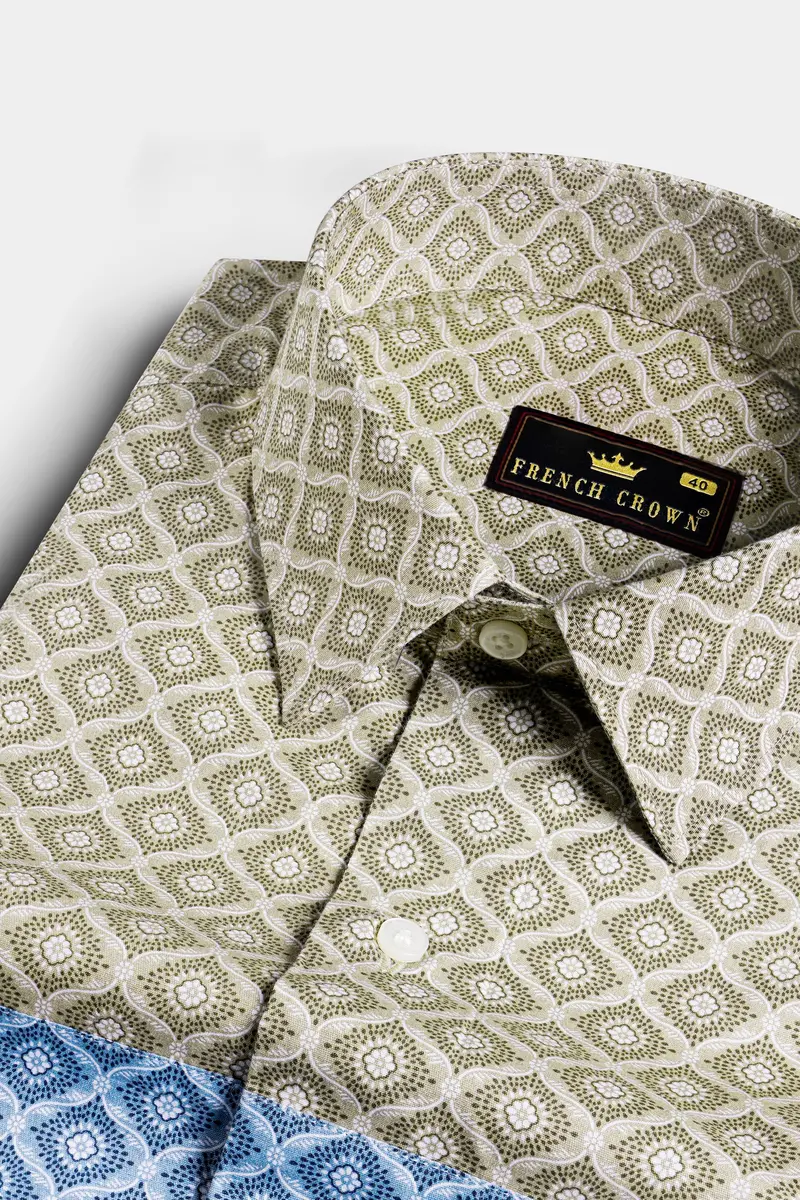 Bison Brown With Danube Blue And White Geometric Printed Premium Cotton Designer Shirt 4