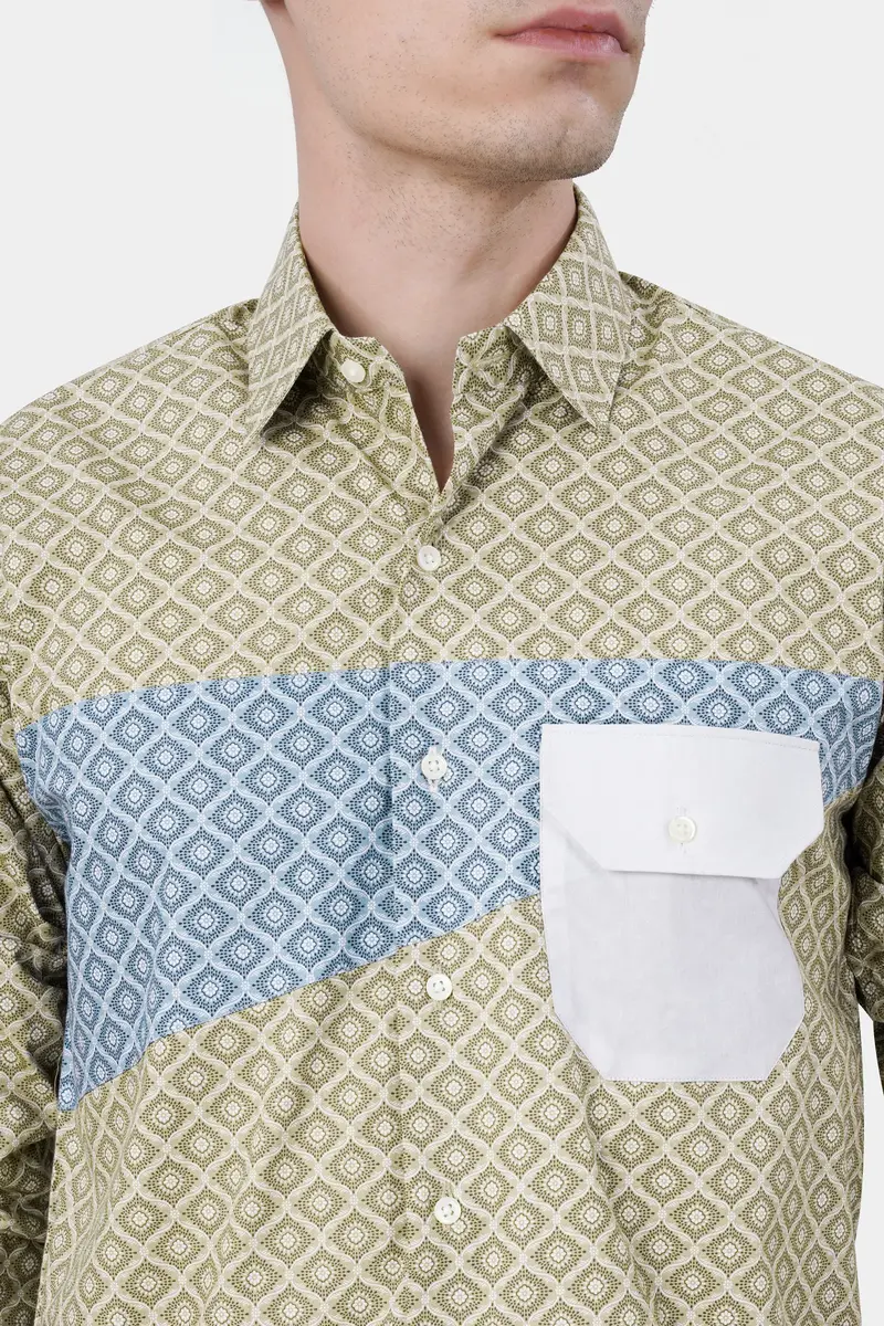 Bison Brown With Danube Blue And White Geometric Printed Premium Cotton Designer Shirt 5