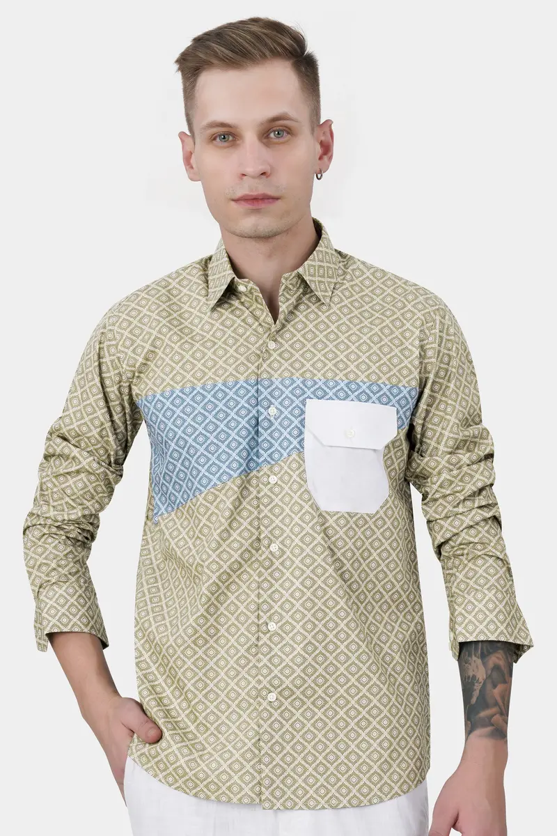 Bison Brown With Danube Blue And White Geometric Printed Premium Cotton Designer Shirt 6