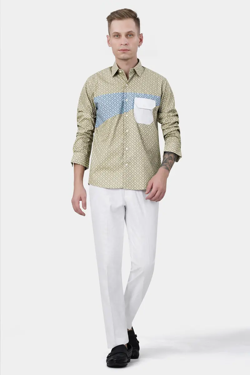 Bison Brown With Danube Blue And White Geometric Printed Premium Cotton Designer Shirt 7