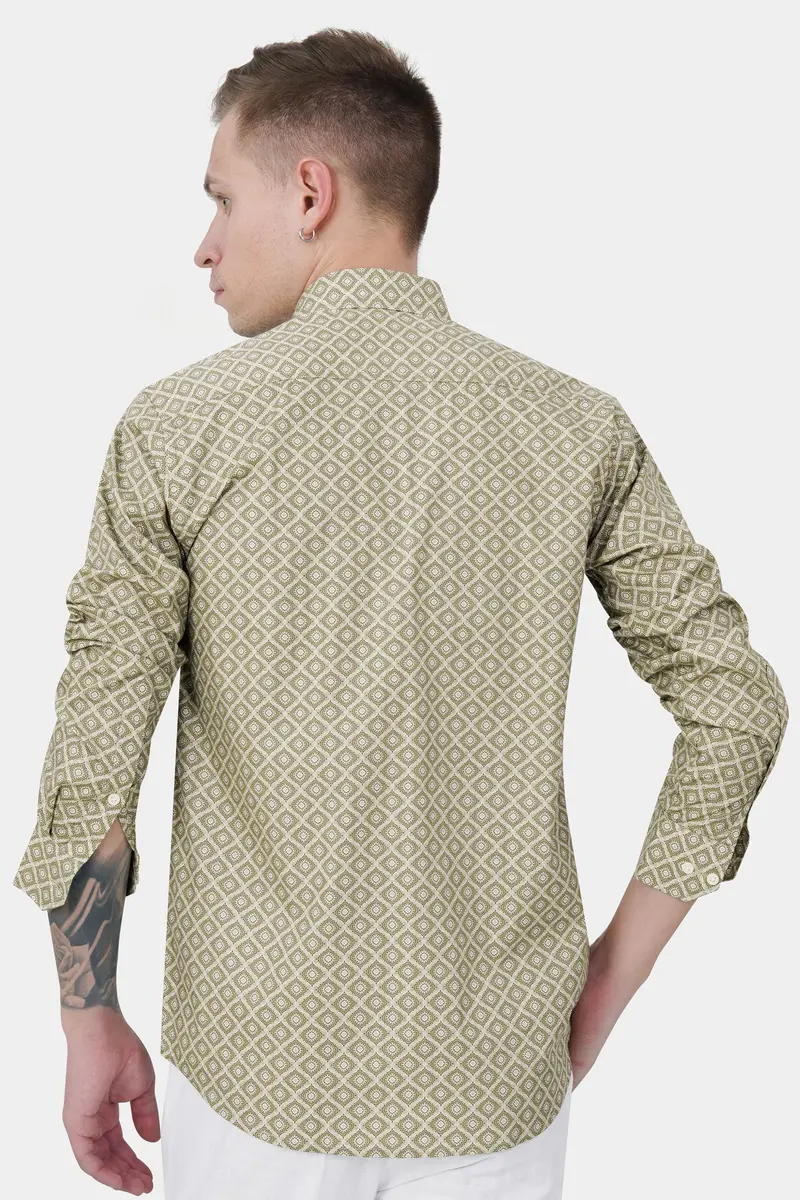 Bison Brown With Danube Blue And White Geometric Printed Premium Cotton Designer Shirt 8
