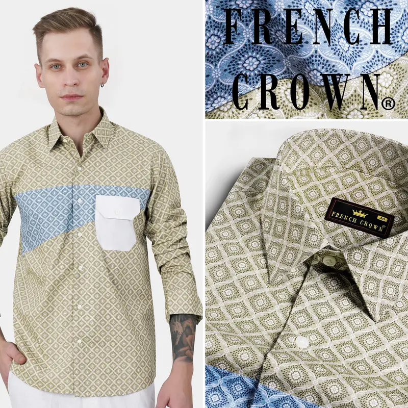 Bison Brown With Danube Blue And White Geometric Printed Premium Cotton Designer Shirt 9