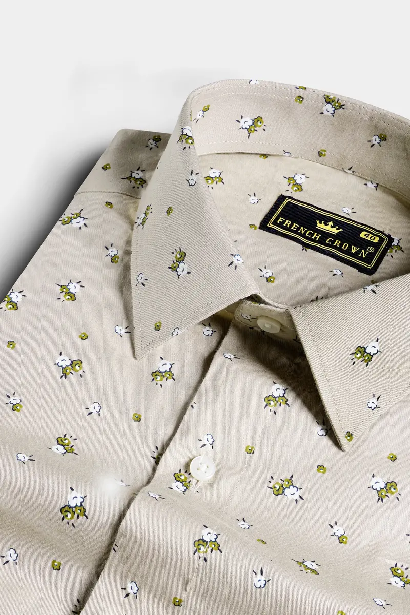 Bison Brown With Sycamore Green And White Ditsy Printed Royal Oxford Shirt 1