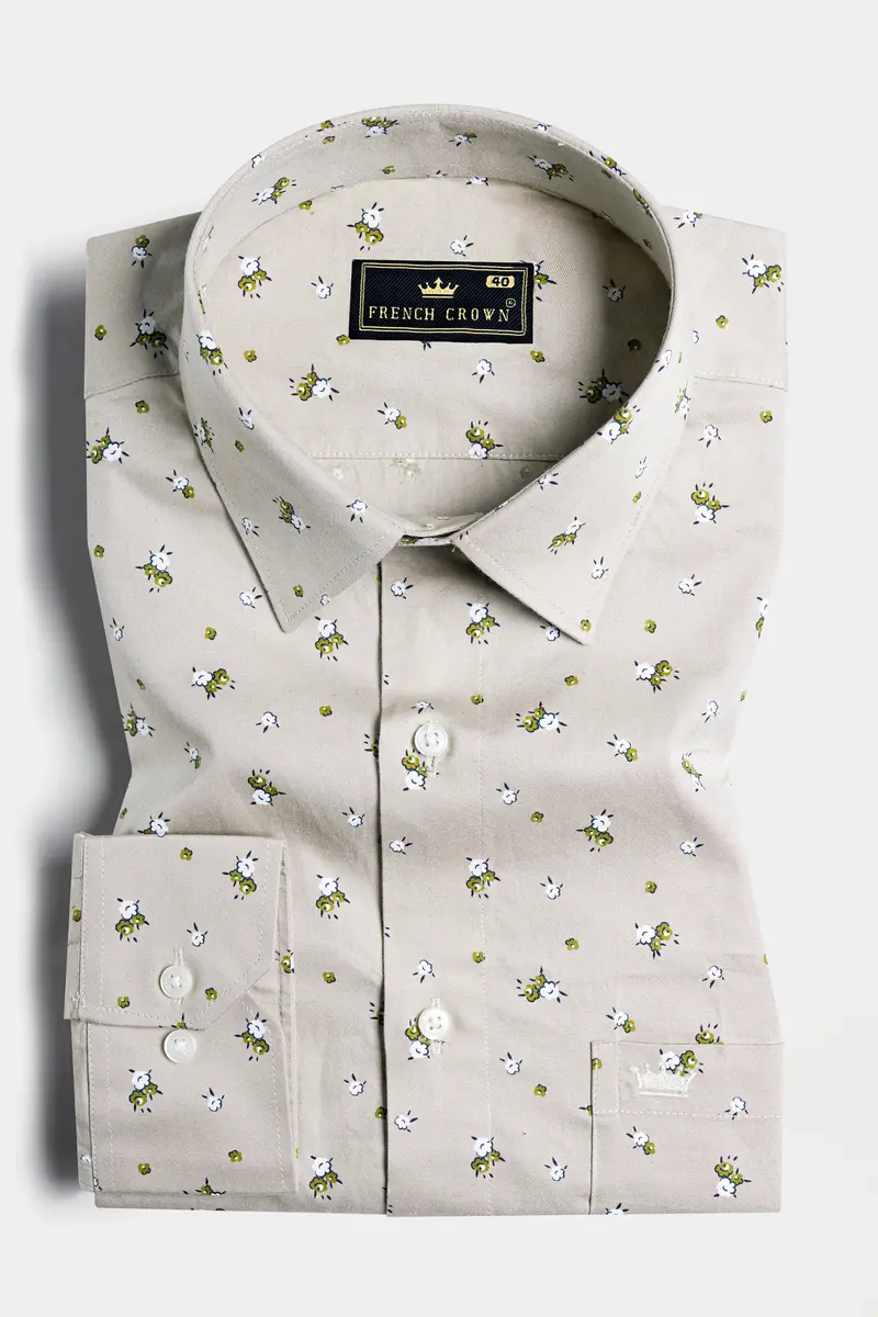 Bison Brown With Sycamore Green And White Ditsy Printed Royal Oxford Shirt 3