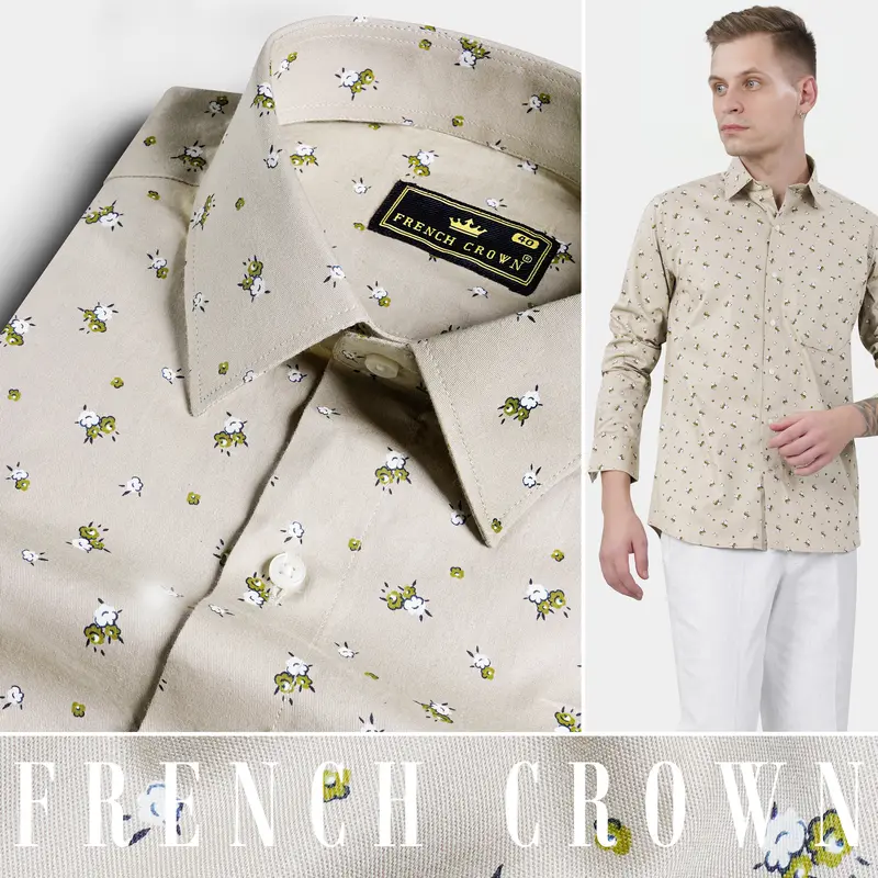 Bison Brown With Sycamore Green And White Ditsy Printed Royal Oxford Shirt 4