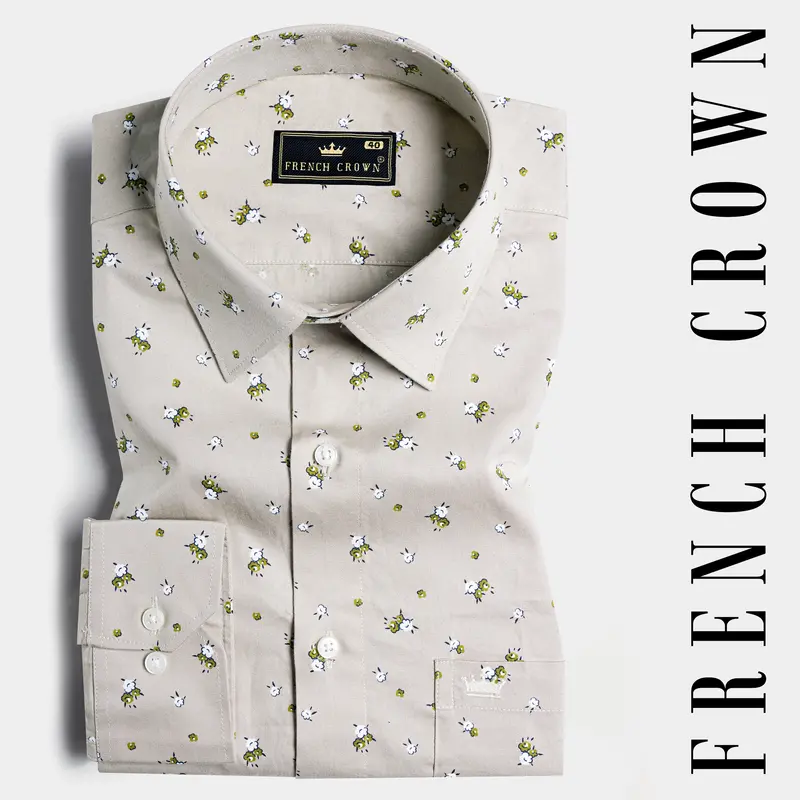 Bison Brown With Sycamore Green And White Ditsy Printed Royal Oxford Shirt 7