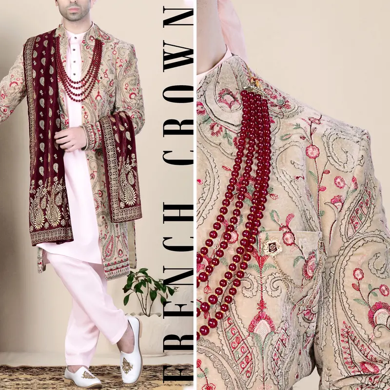 Bisque Brown And Cardinal Pink Floral Thread Embroidered Indo-Western Sherwani 1