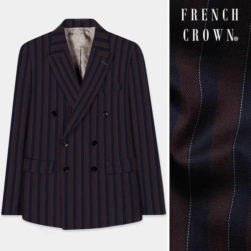 Bistre Brown And Admiral Blue Striped Wool Rich Double Breasted Blazer 1