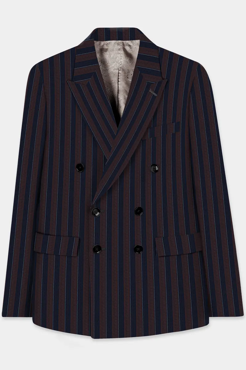 Bistre Brown And Admiral Blue Striped Wool Rich Double Breasted Blazer 2