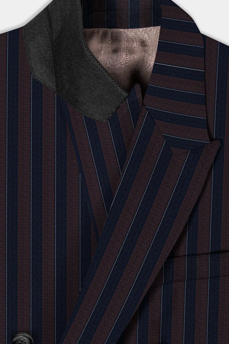 Bistre Brown And Admiral Blue Striped Wool Rich Double Breasted Blazer 4