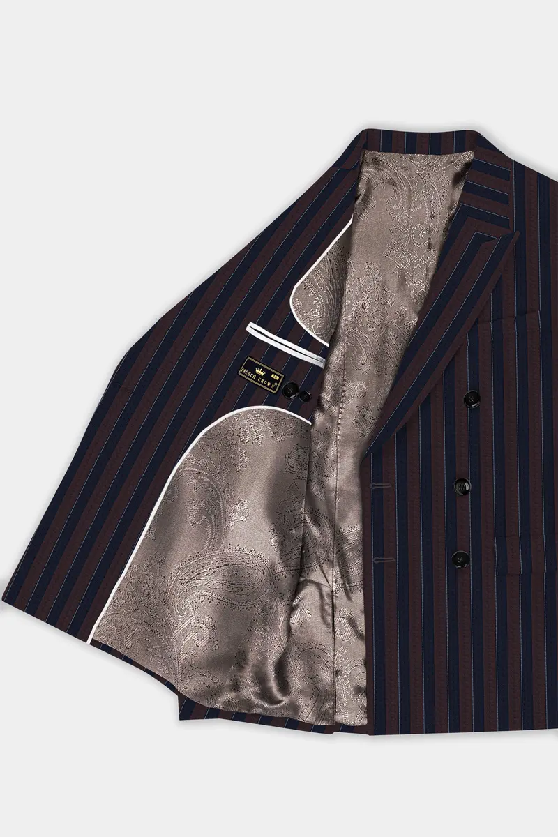 Bistre Brown And Admiral Blue Striped Wool Rich Double Breasted Blazer 5