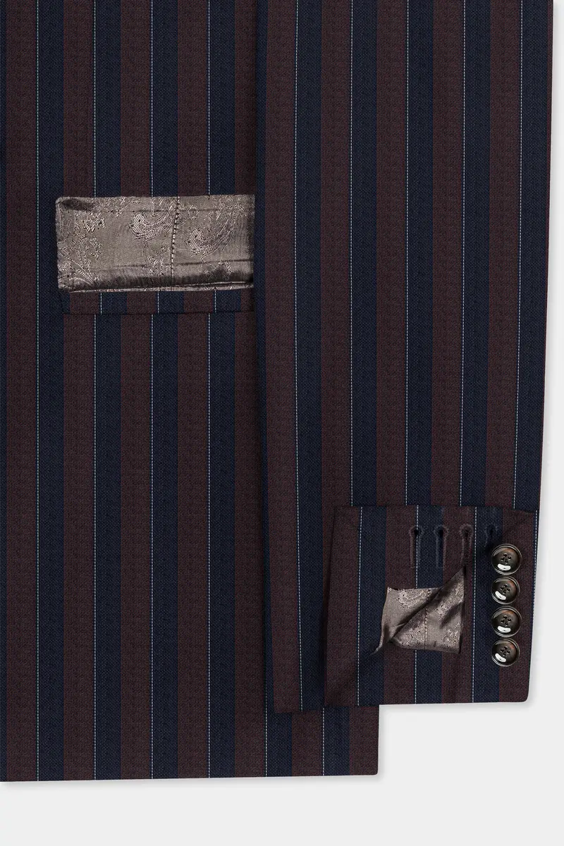 Bistre Brown And Admiral Blue Striped Wool Rich Double Breasted Blazer 6