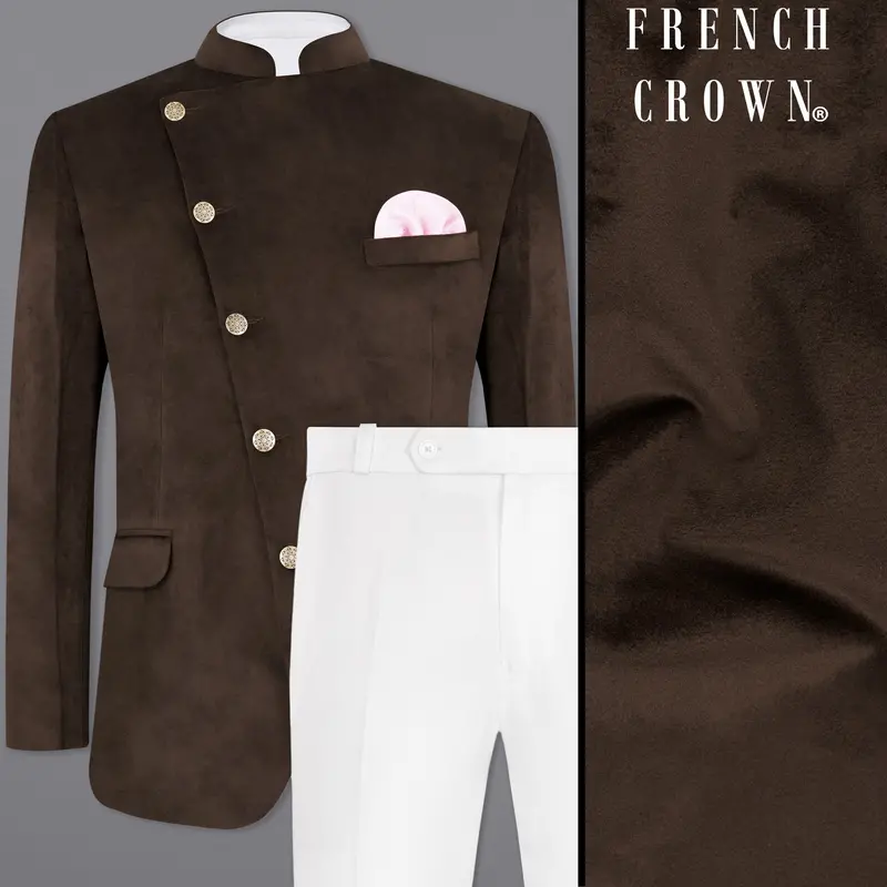 Bistre Brown Cross Placket Bandhgala Velvet Designer Suit 1