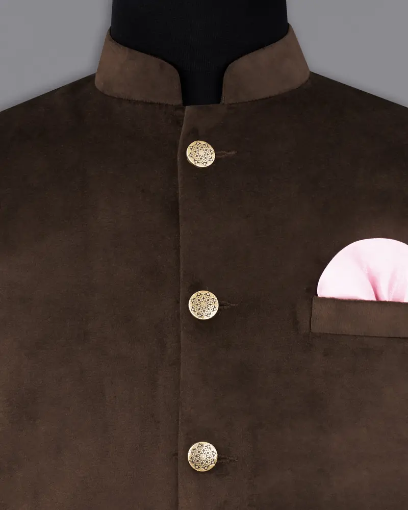Bistre Brown Cross Placket Bandhgala Velvet Designer Suit 19