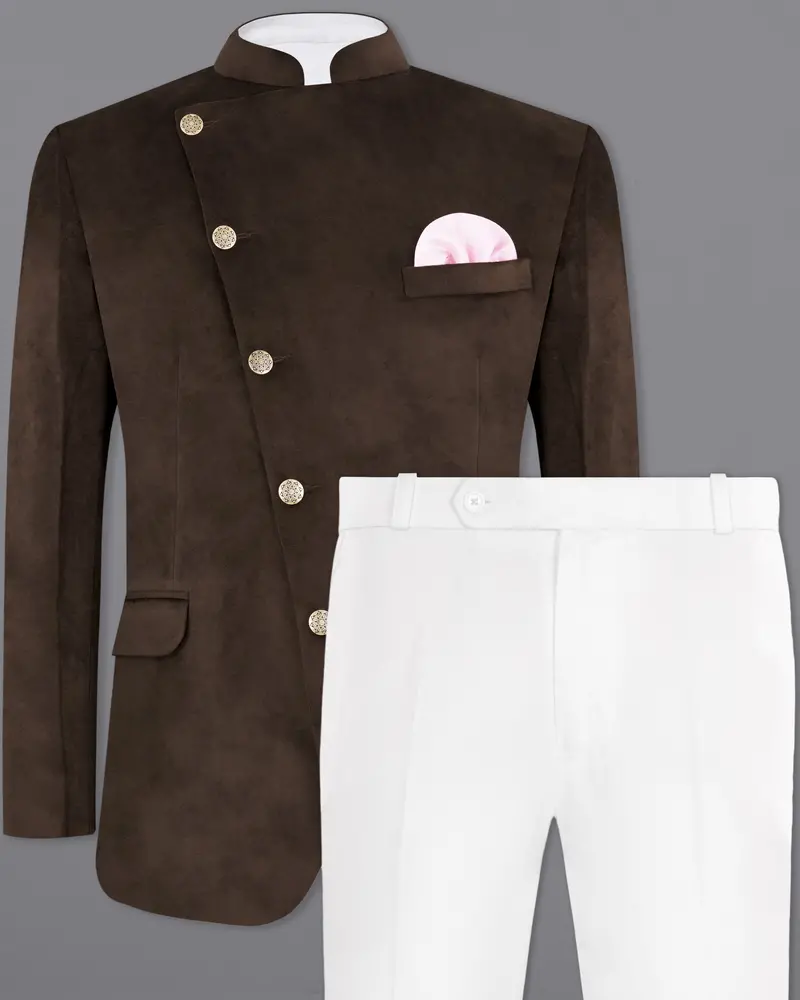 Bistre Brown Cross Placket Bandhgala Velvet Designer Suit 2