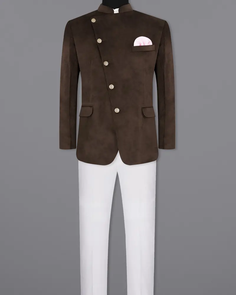 Bistre Brown Cross Placket Bandhgala Velvet Designer Suit 4