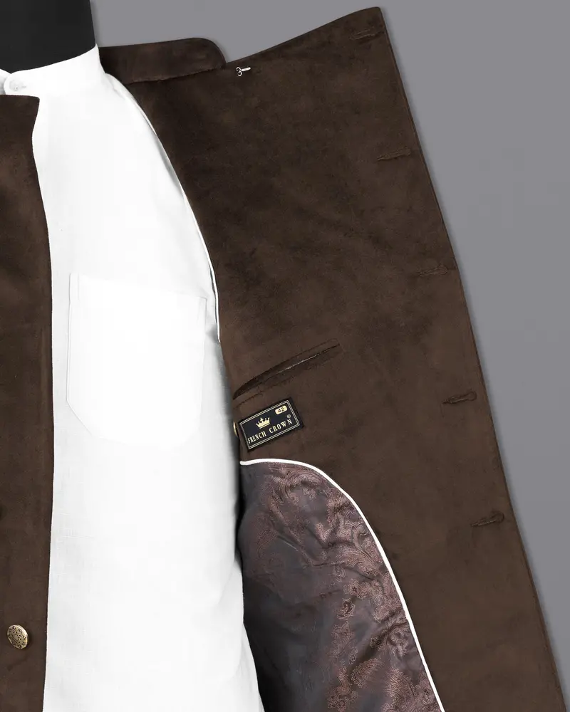 Bistre Brown Cross Placket Bandhgala Velvet Designer Suit 8
