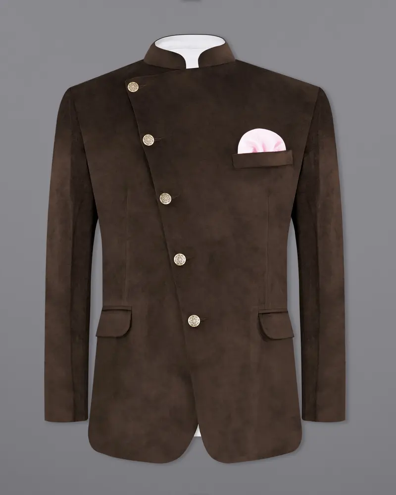 Bistre Brown Cross Placket Bandhgala Velvet Designer Suit 9