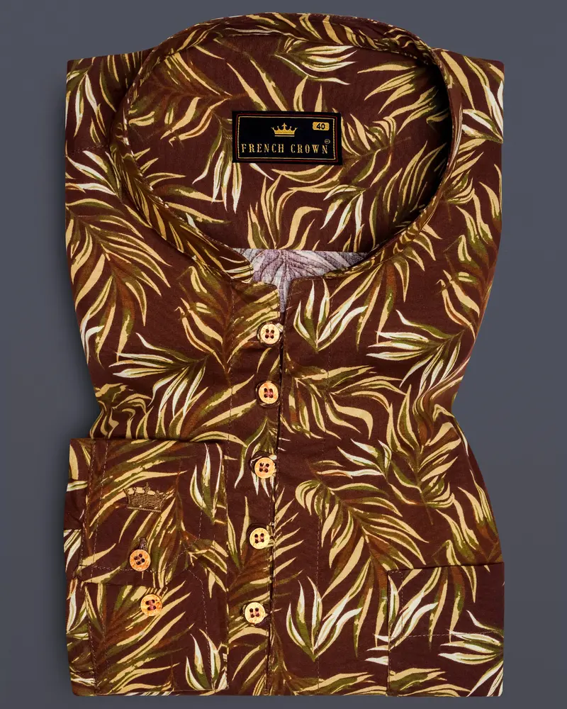 Bistre Brown Leaves Printed Twill Premium Cotton Kurta Shirt 1