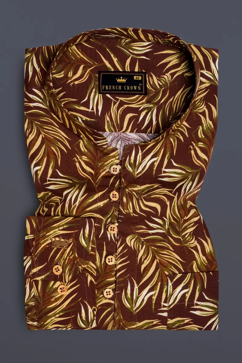 Bistre Brown Leaves Printed Twill Premium Cotton Kurta Shirt 2