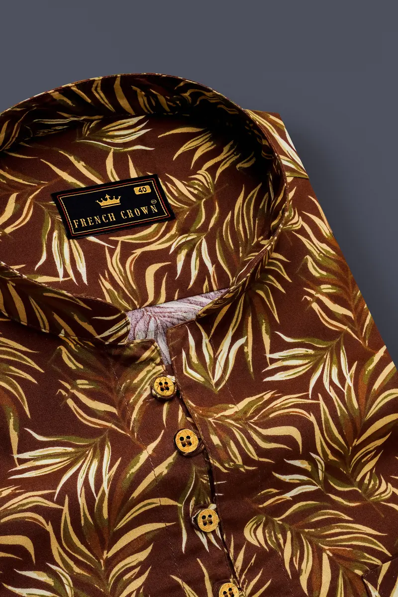 Bistre Brown Leaves Printed Twill Premium Cotton Kurta Shirt 4
