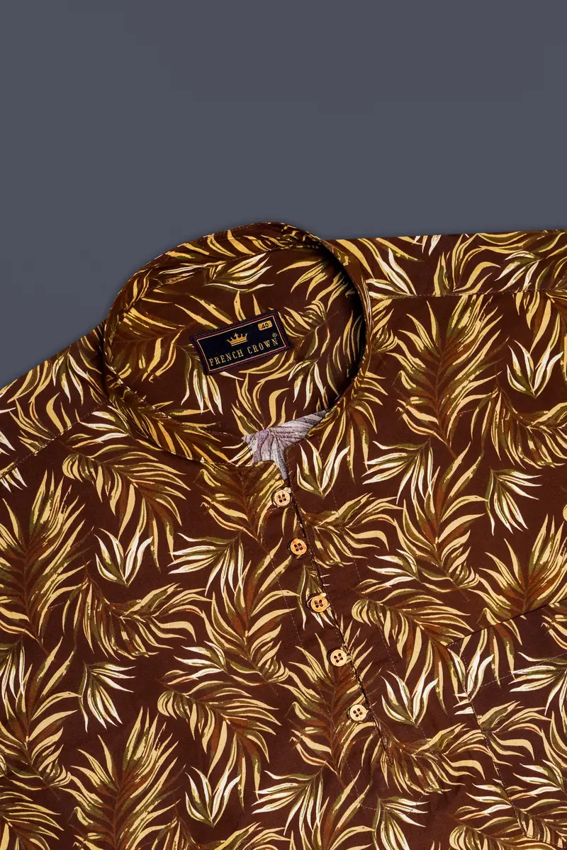 Bistre Brown Leaves Printed Twill Premium Cotton Kurta Shirt 5