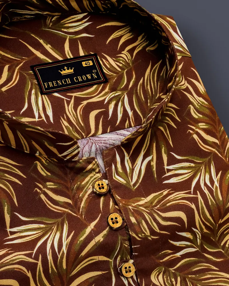 Bistre Brown Leaves Printed Twill Premium Cotton Kurta Shirt 6