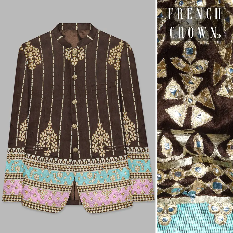 Bistre Brown With Downy Blue And Pink Rajputi Embroidered Bandhgala Jodhpuri 1