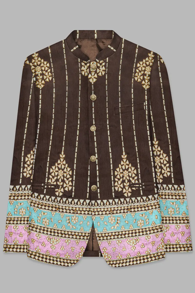 Bistre Brown With Downy Blue And Pink Rajputi Embroidered Bandhgala Jodhpuri 2