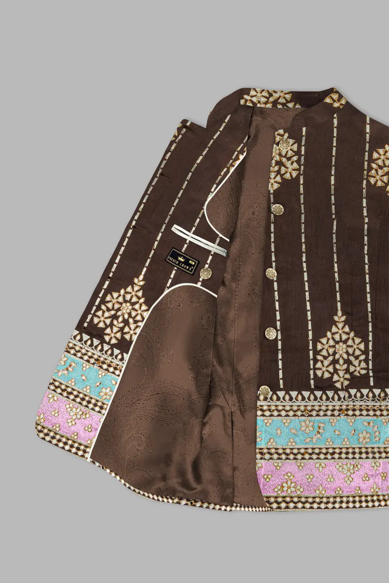 Bistre Brown With Downy Blue And Pink Rajputi Embroidered Bandhgala Jodhpuri 4