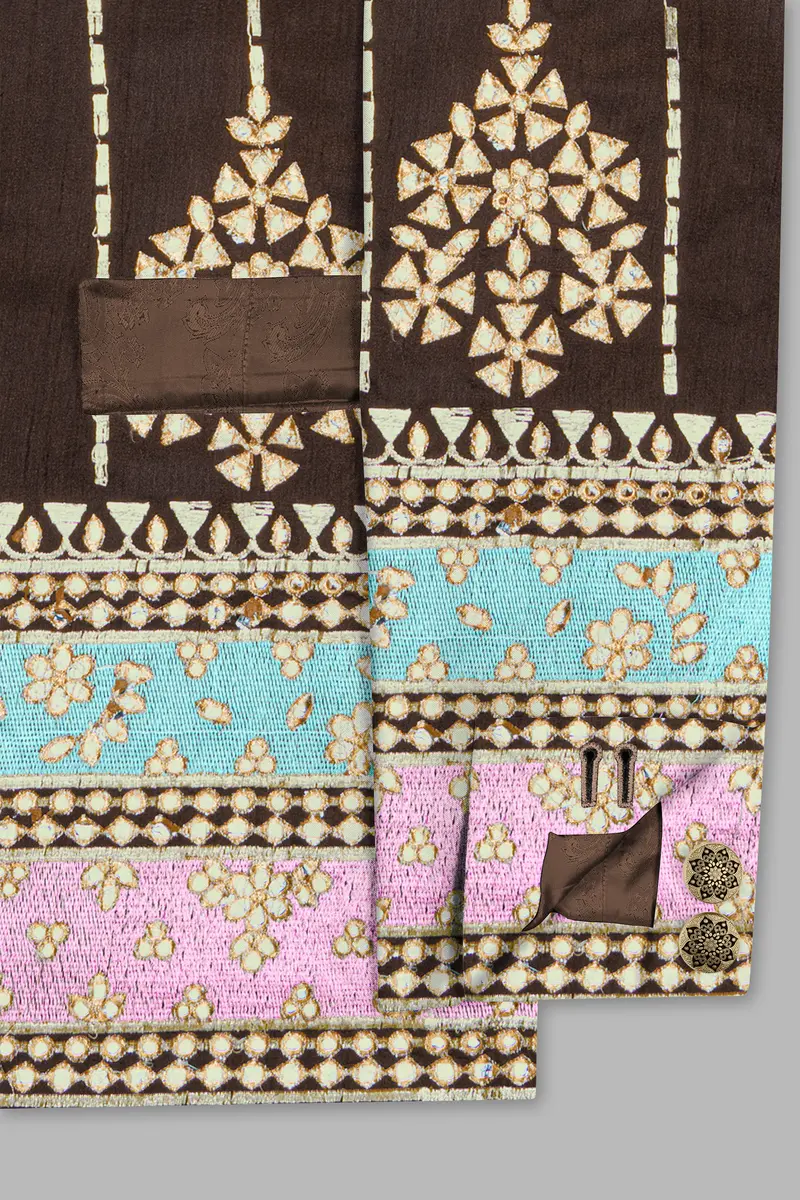 Bistre Brown With Downy Blue And Pink Rajputi Embroidered Bandhgala Jodhpuri 5