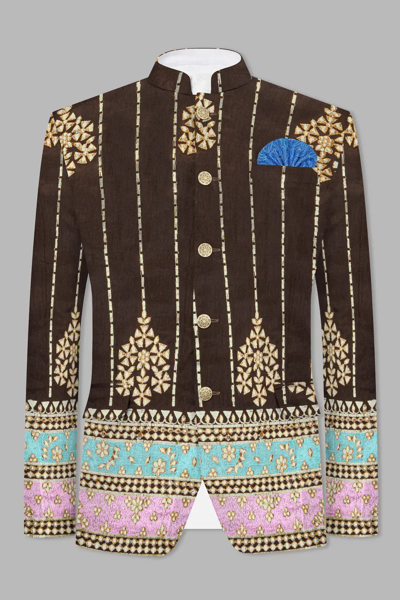 Bistre Brown With Downy Blue And Pink Rajputi Embroidered Bandhgala Jodhpuri 6