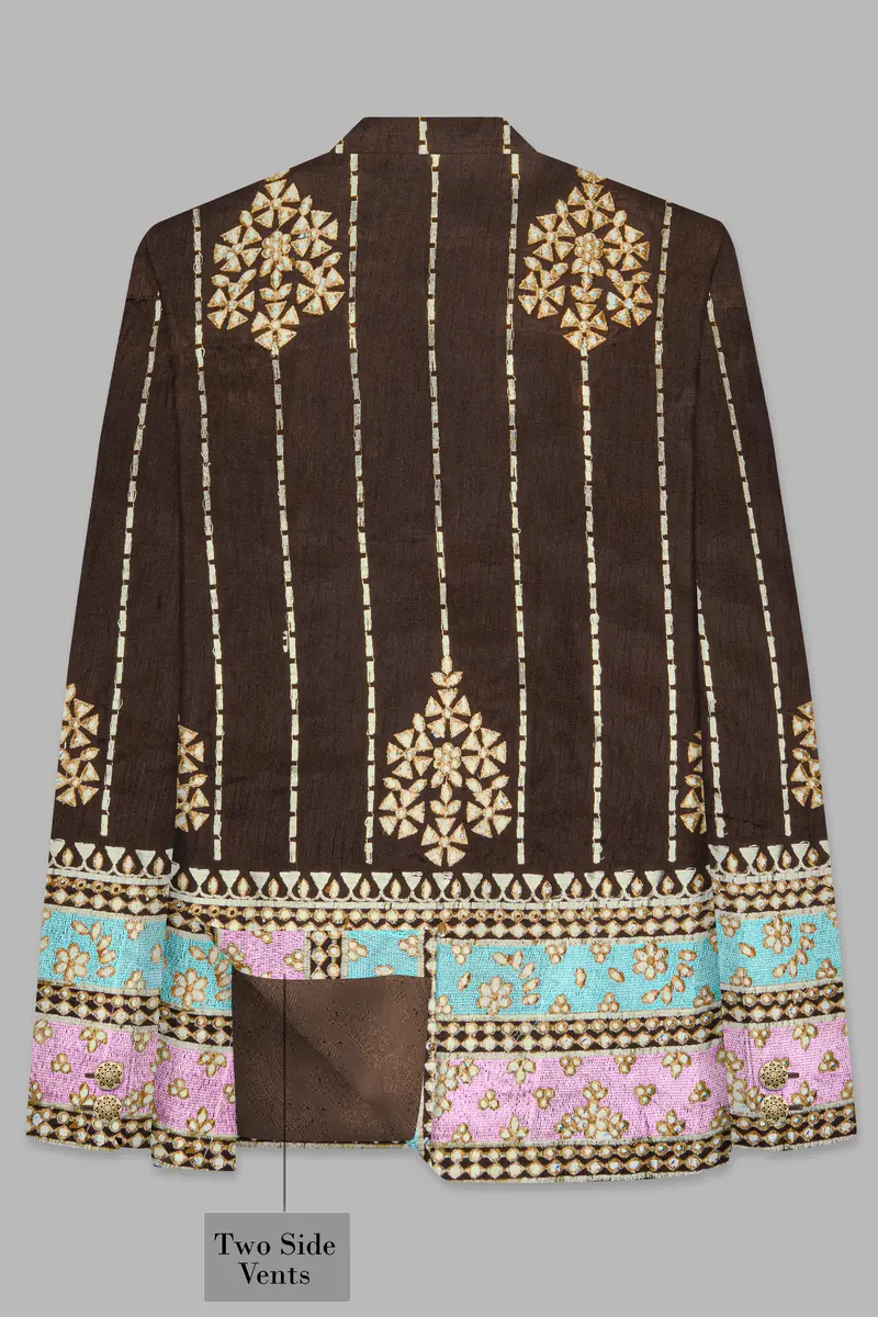 Bistre Brown With Downy Blue And Pink Rajputi Embroidered Bandhgala Jodhpuri 7