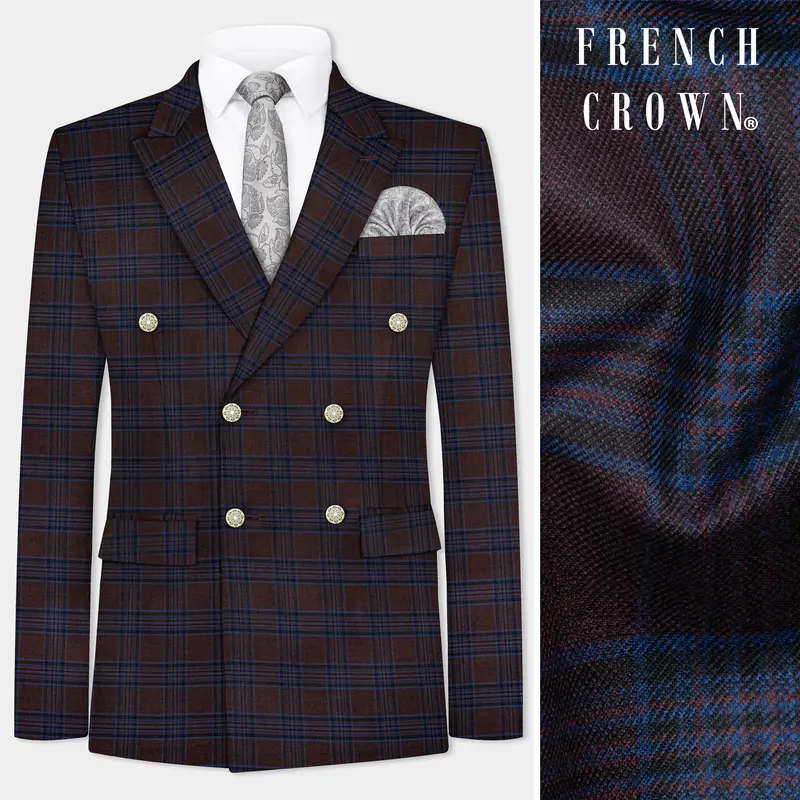 Bistre Brown With Nile Blue Plaid Wool Blend Double Breasted Blazer 1