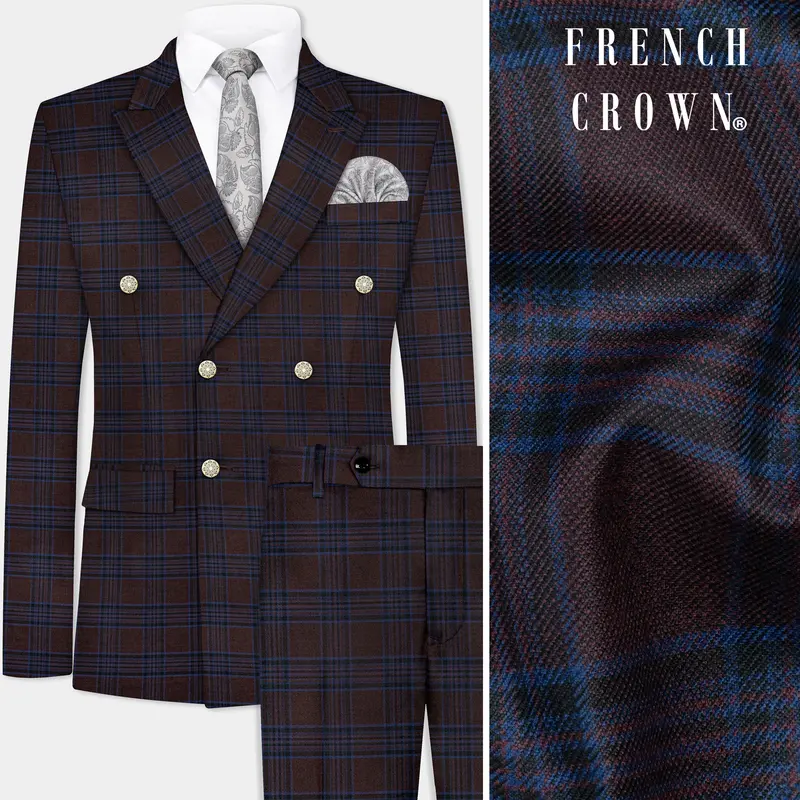 Bistre Brown With Nile Blue Plaid Wool Blend Double Breasted Suit 1