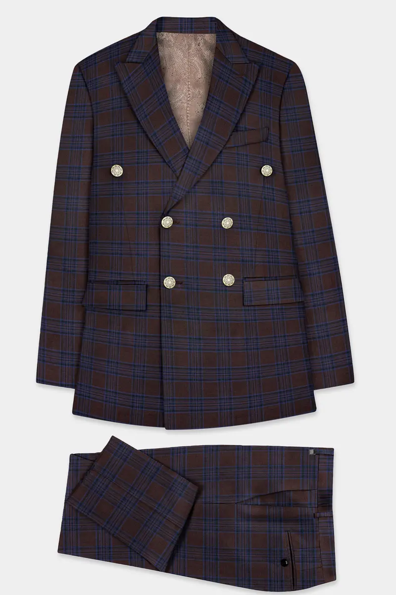 Bistre Brown With Nile Blue Plaid Wool Blend Double Breasted Suit 10