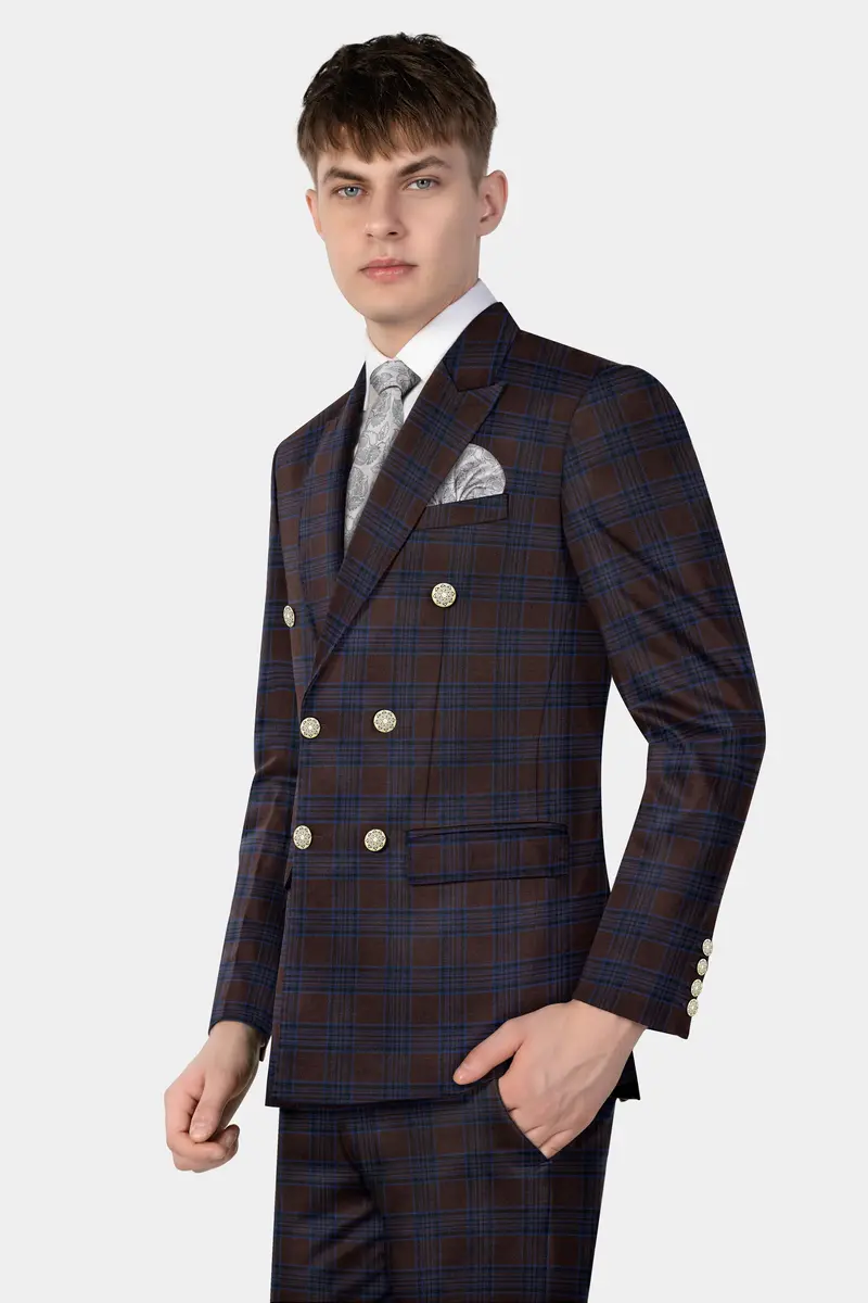 Bistre Brown With Nile Blue Plaid Wool Blend Double Breasted Suit 18