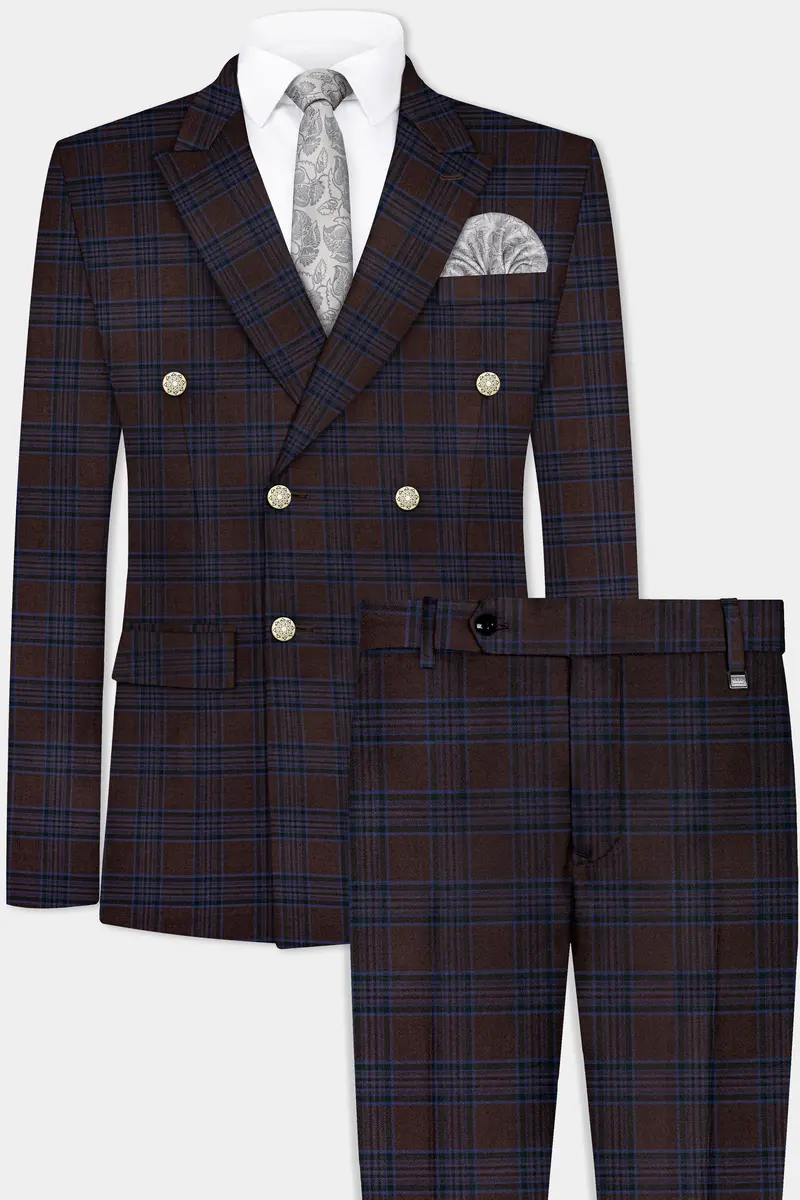 Bistre Brown With Nile Blue Plaid Wool Blend Double Breasted Suit 2