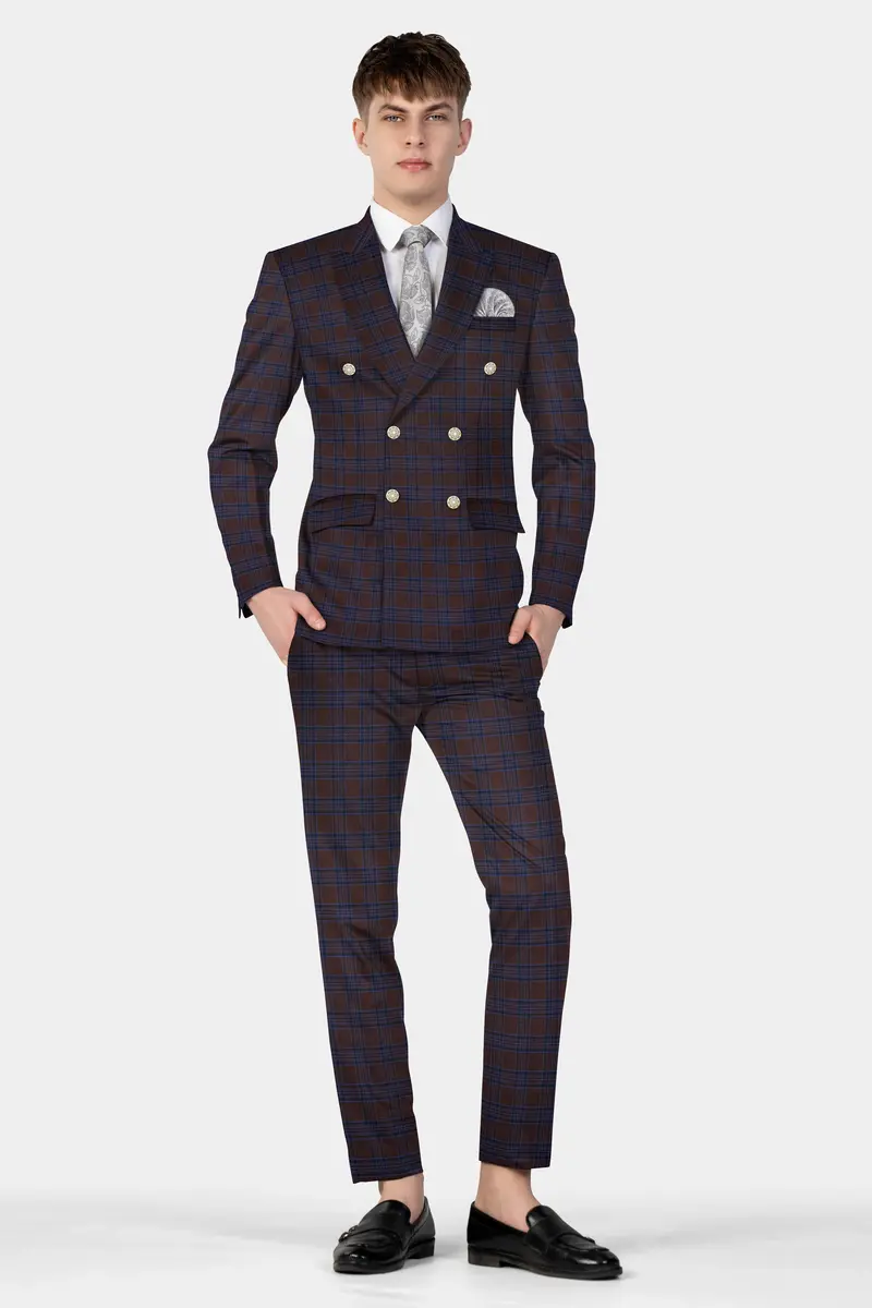 Bistre Brown With Nile Blue Plaid Wool Blend Double Breasted Suit 20