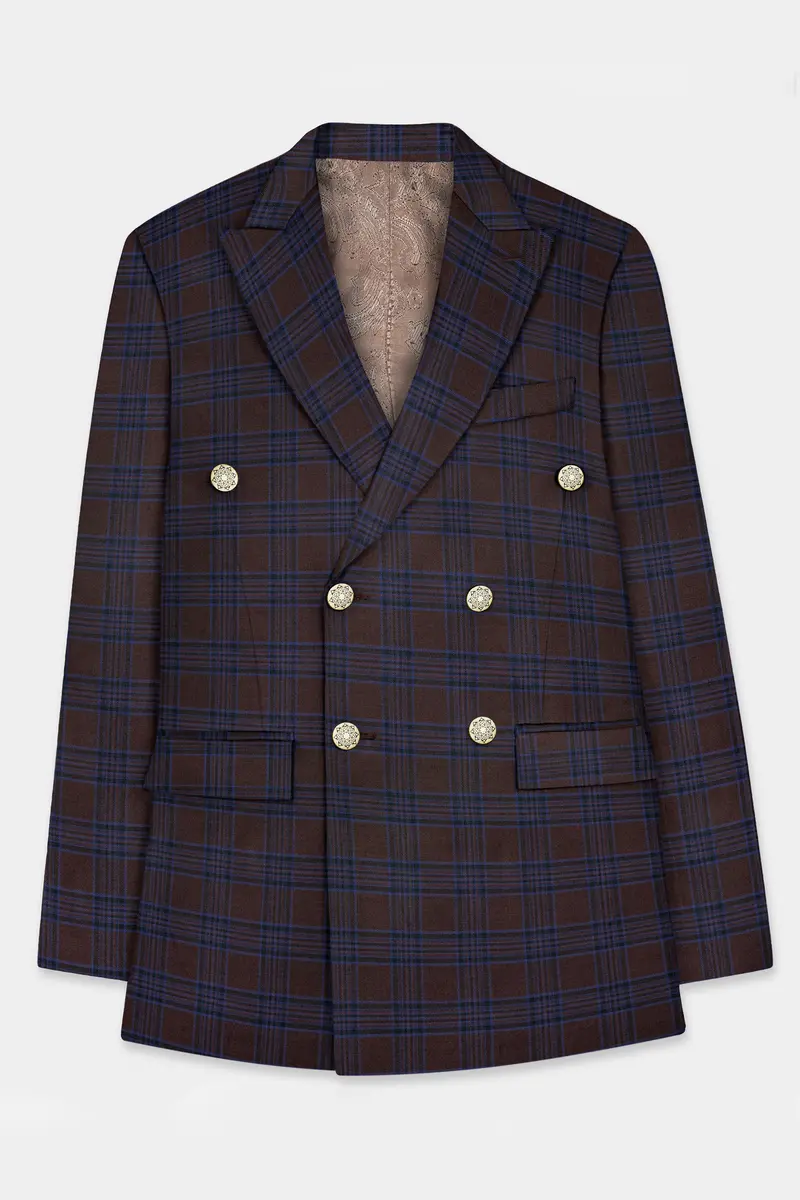 Bistre Brown With Nile Blue Plaid Wool Blend Double Breasted Suit 7
