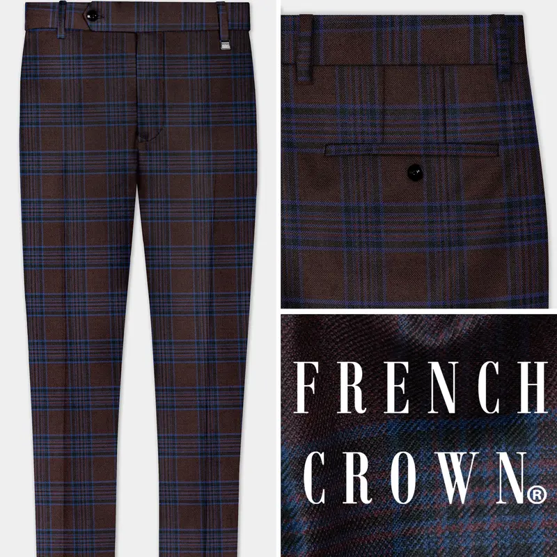 Bistre Brown With Nile Blue Plaid Wool Blend Pant 1
