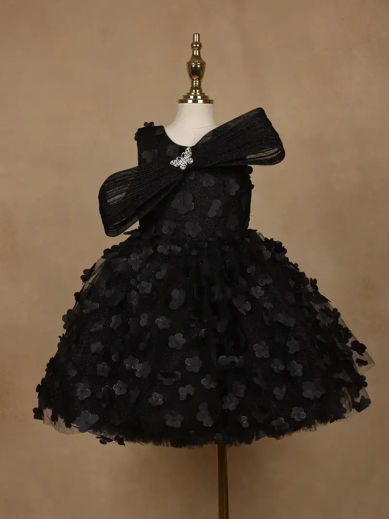 Black 3D Floral Net Party Frock With Glitter 1