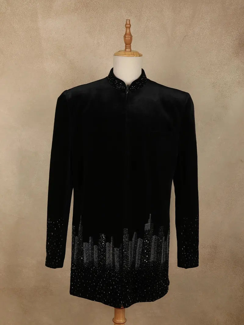 Black Abstract Beads Embroidered Design Velvet Indo-Western Men's Sherwani 1