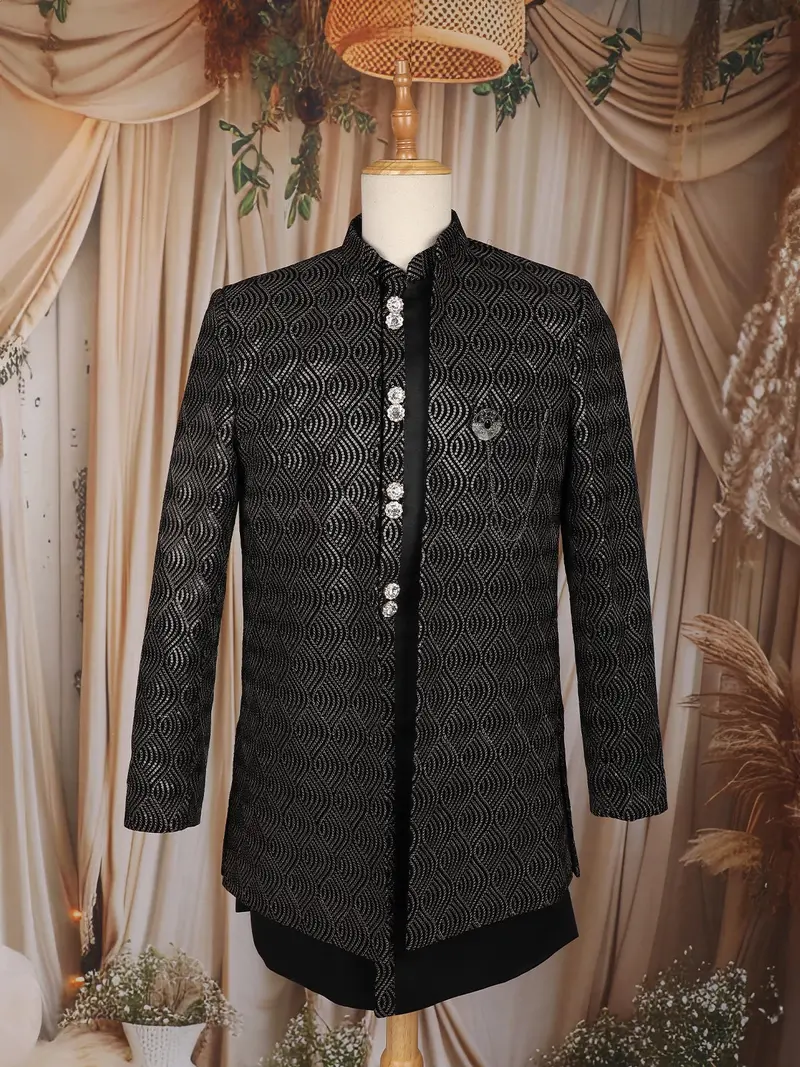 Black Abstract Design Velvet Indo-Western Sherwani 1