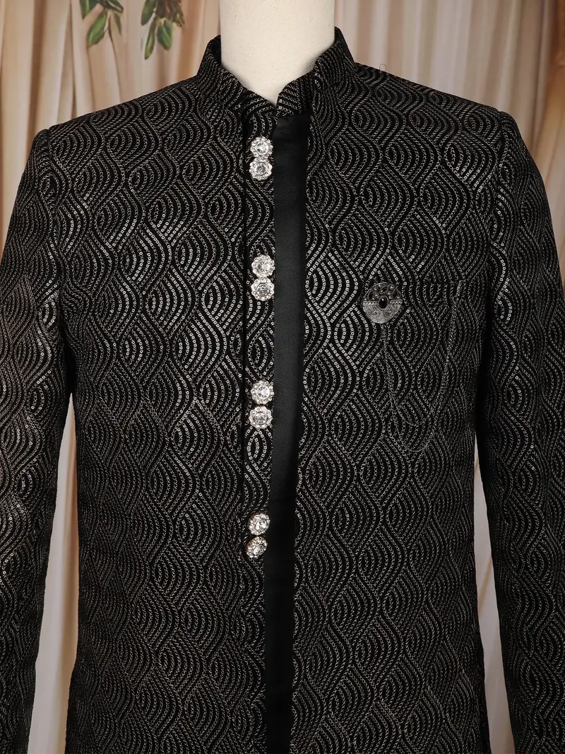 Black Abstract Design Velvet Indo-Western Sherwani 2
