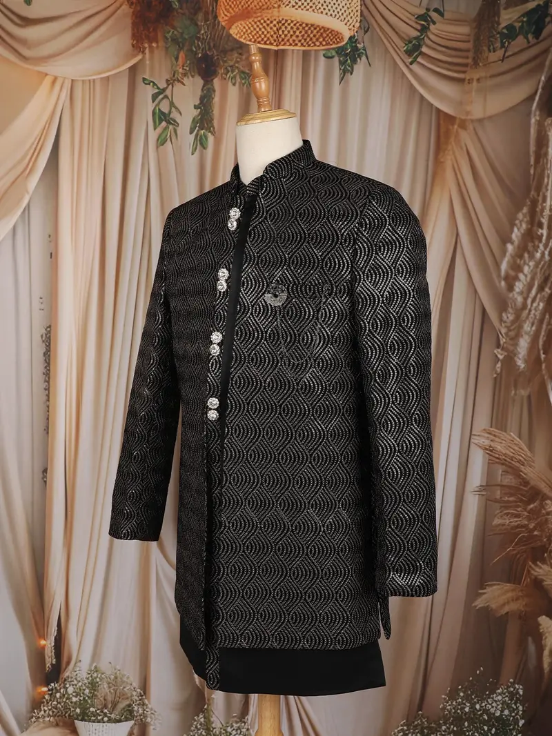Black Abstract Design Velvet Indo-Western Sherwani 3